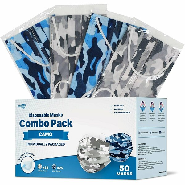 Wecare Disposable Face Mask, 3-Ply with Ear Loop 50 Individually Wrapped, Combo Pack, Camo, 50PK WMN100068